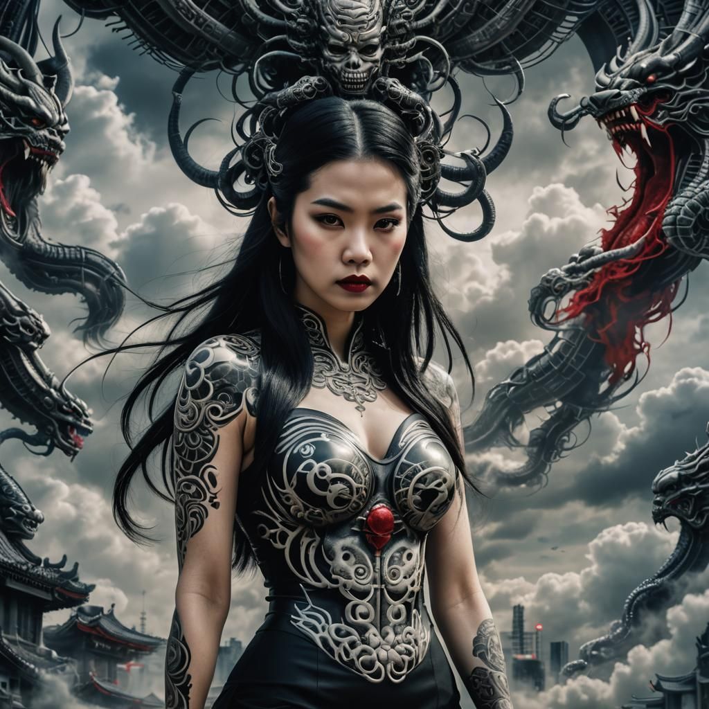 Beautiful Japanese Woman with Yakuza Tattoo in Giger Style