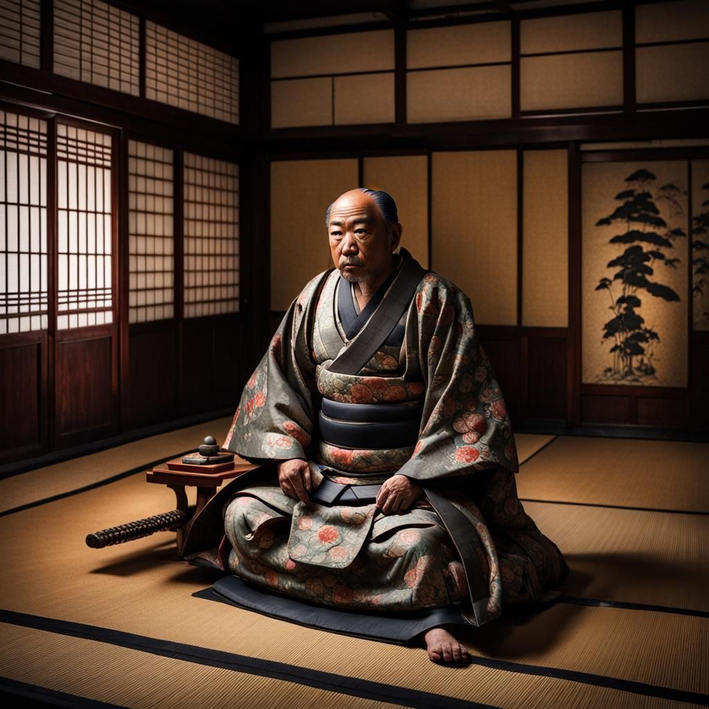 Japanese Daimyō in Traditional Room, Hyperrealistic Image