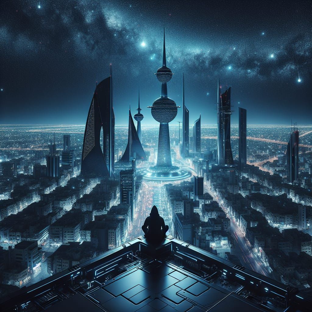 Kuwait Towers in Cybertron-Style Futuristic City at Night