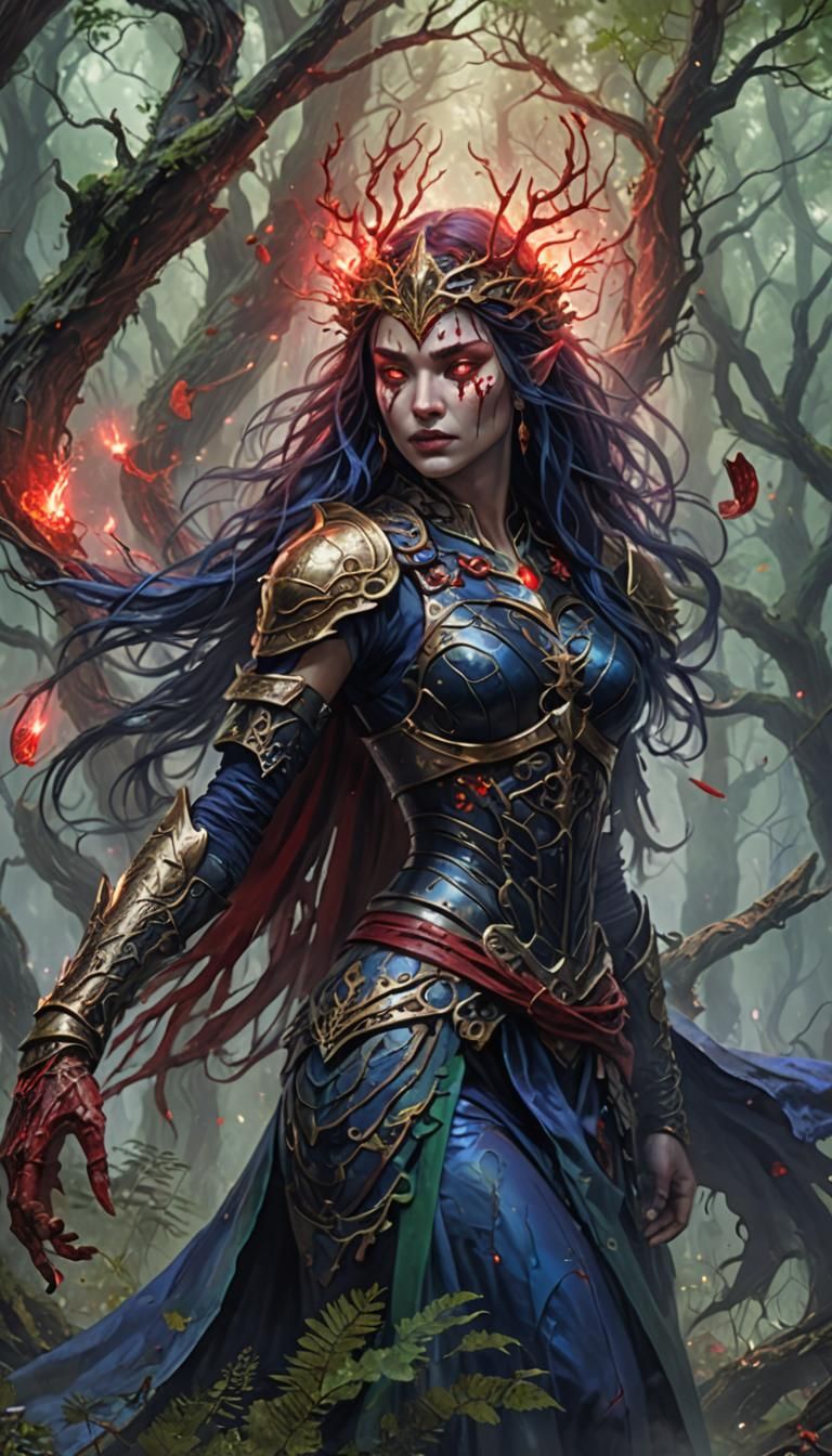 Victorious Blood-Soaked Warrior Queen in Mystical Forest