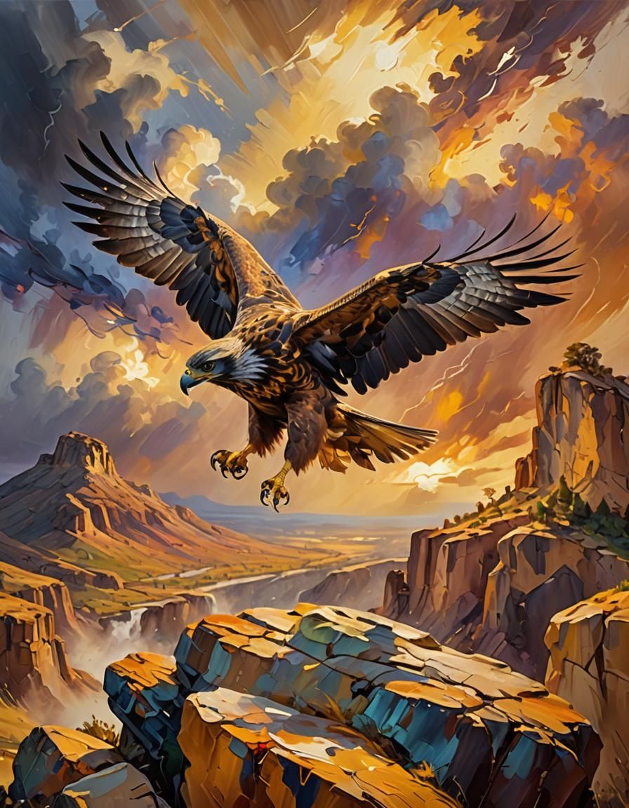 Eagle in Storm: Fauvist Oil Painting in Golden Light