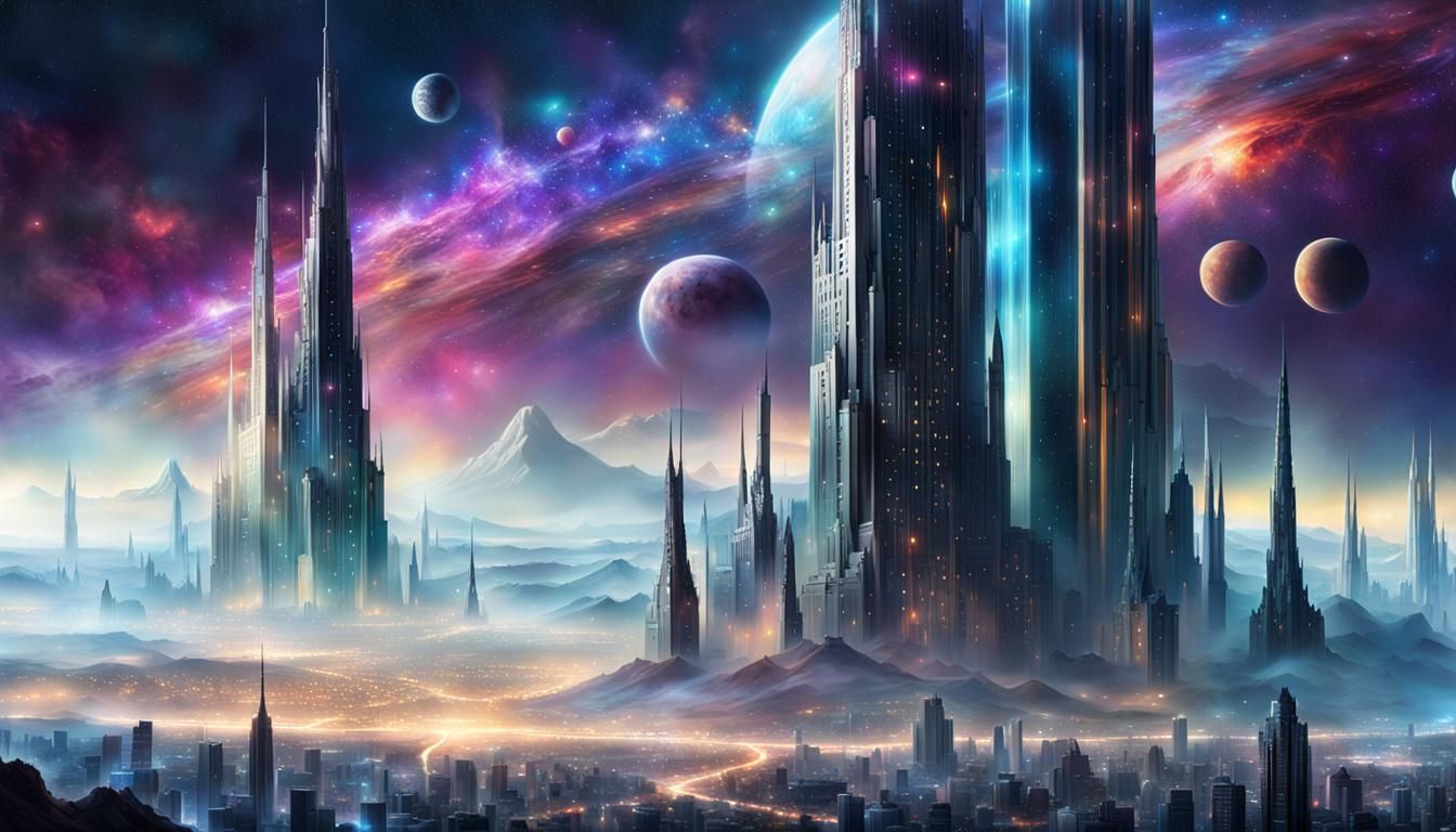 Mystical Cityscape Under Cosmic Sky: Digital Watercolor Art
