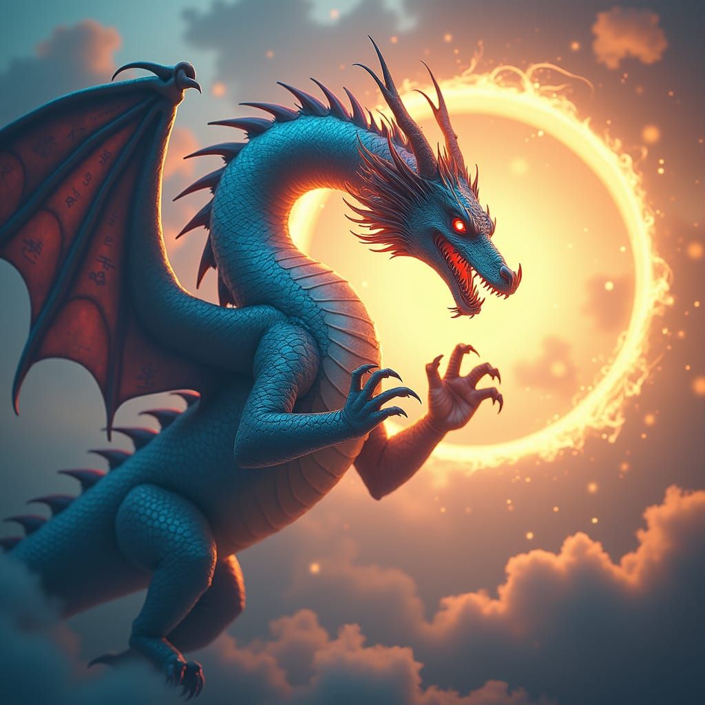 Iridescent Dragon Guarding Ethereal Portal in Mystic Sky