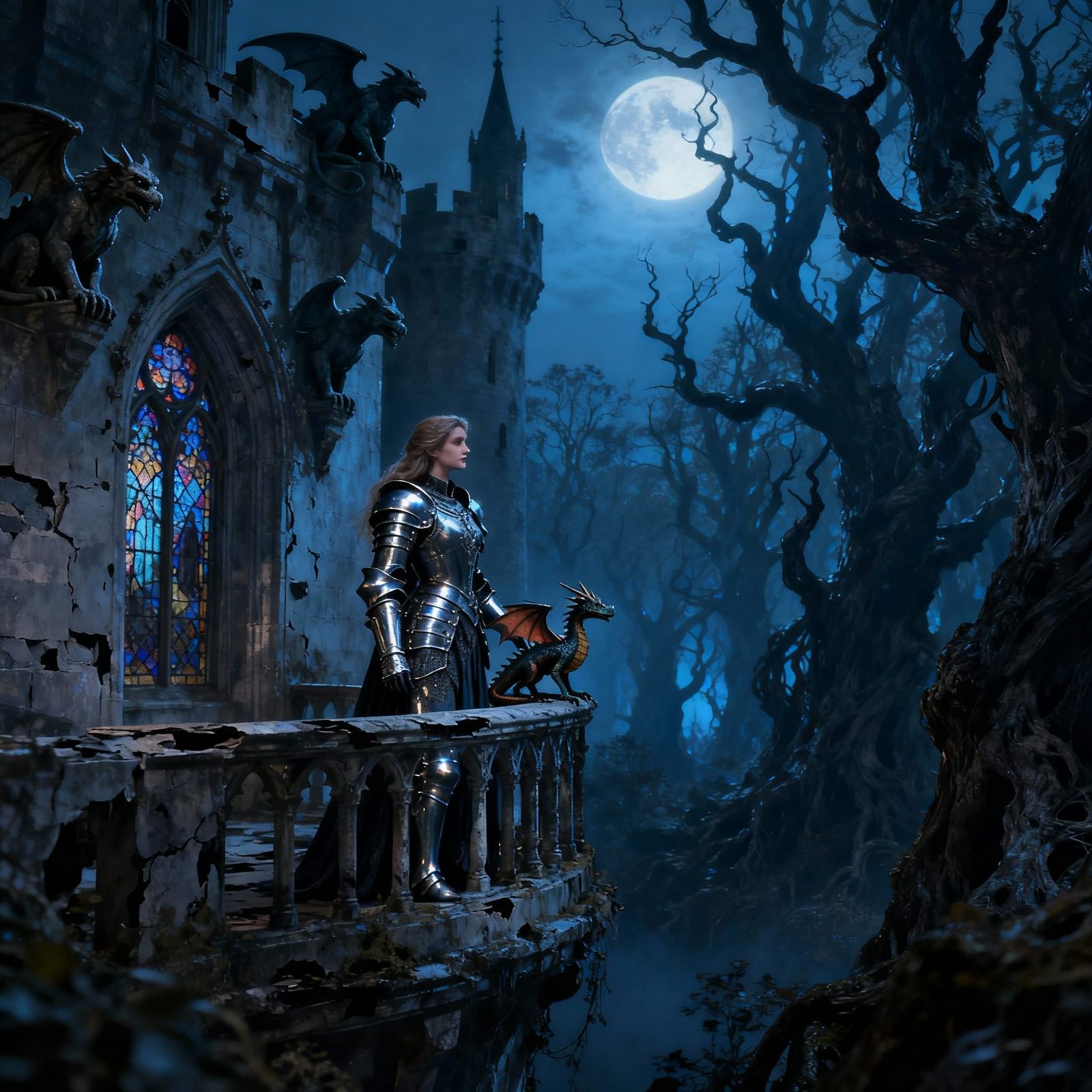 Gothic Princess in Latex Armor Overlooking Dark Forest