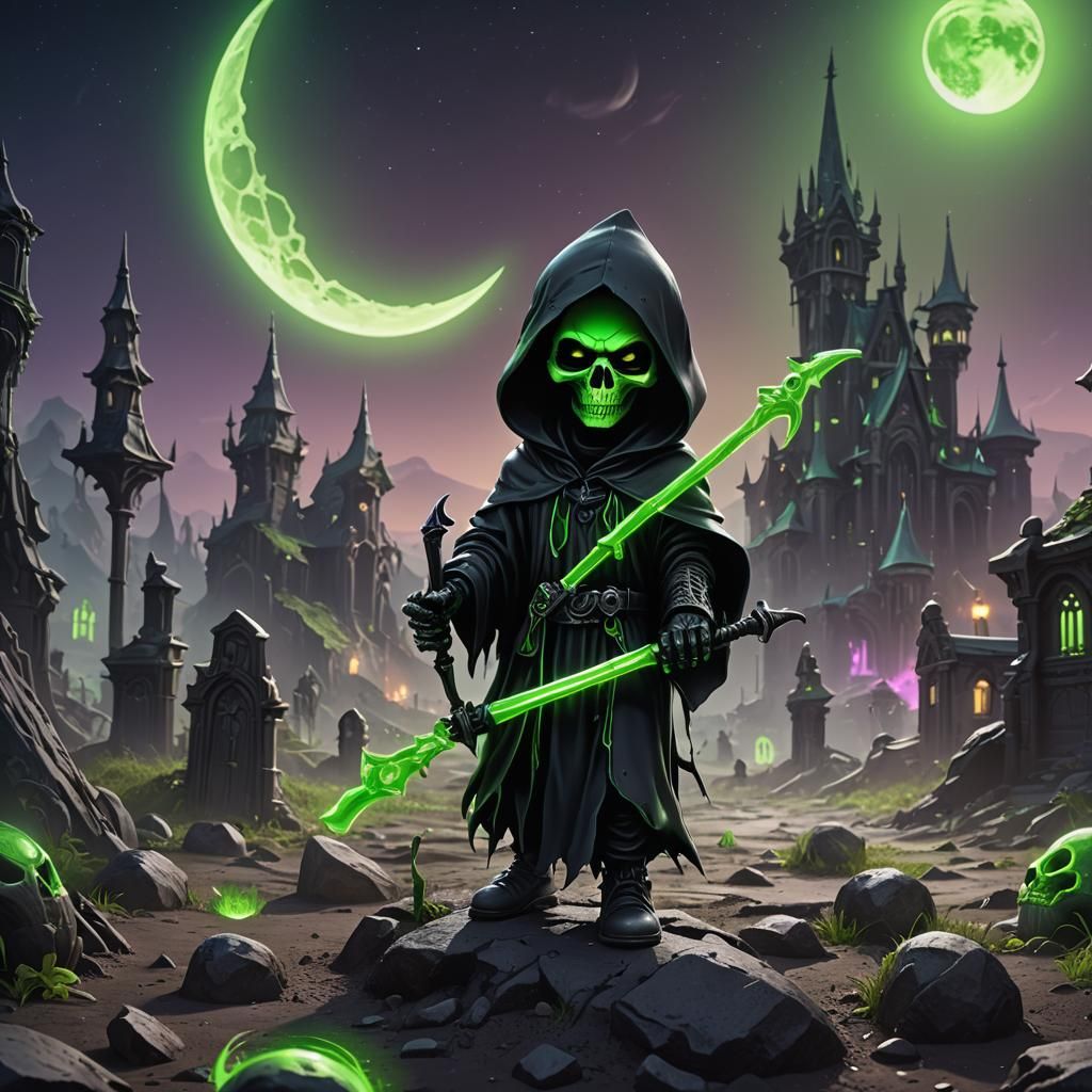 Adorable Baby Grim Reaper with Neon Moon