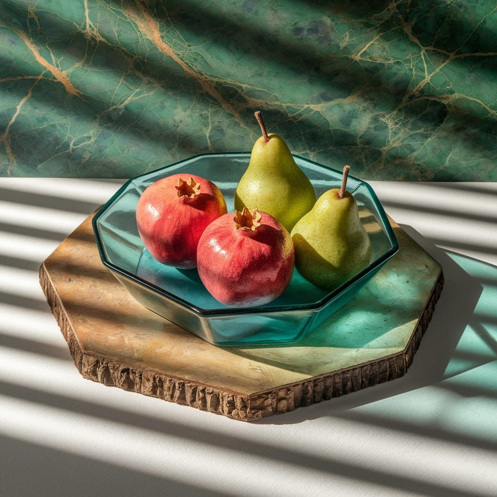 Impressionist Still Life of Fruits in Aqua Glass Bowl