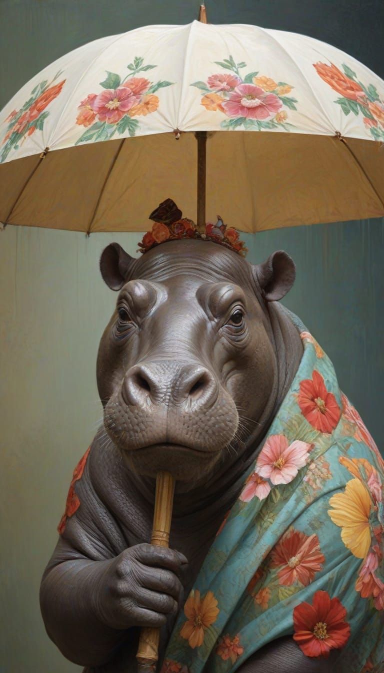 Savannah Hippopotamus Under Umbrella