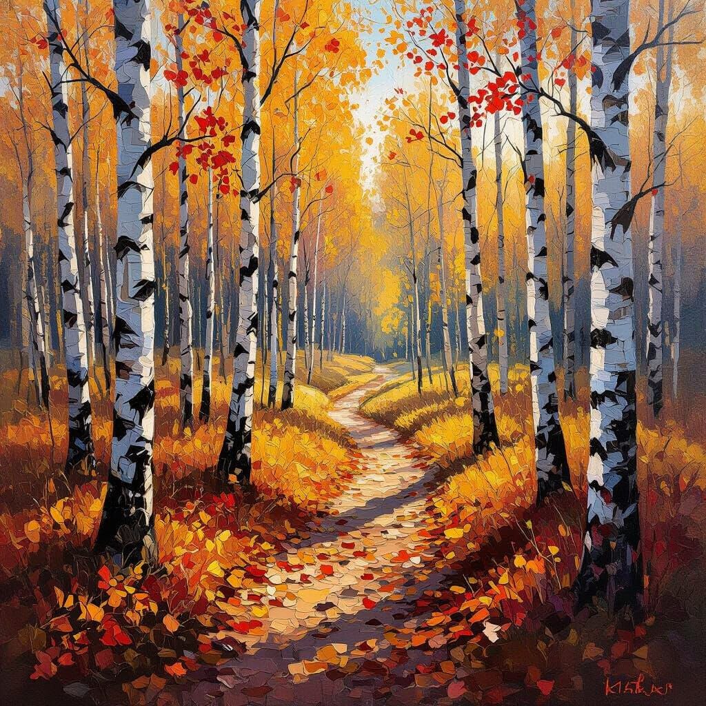 Abstract Autumn Birch Forest Path Impasto Painting