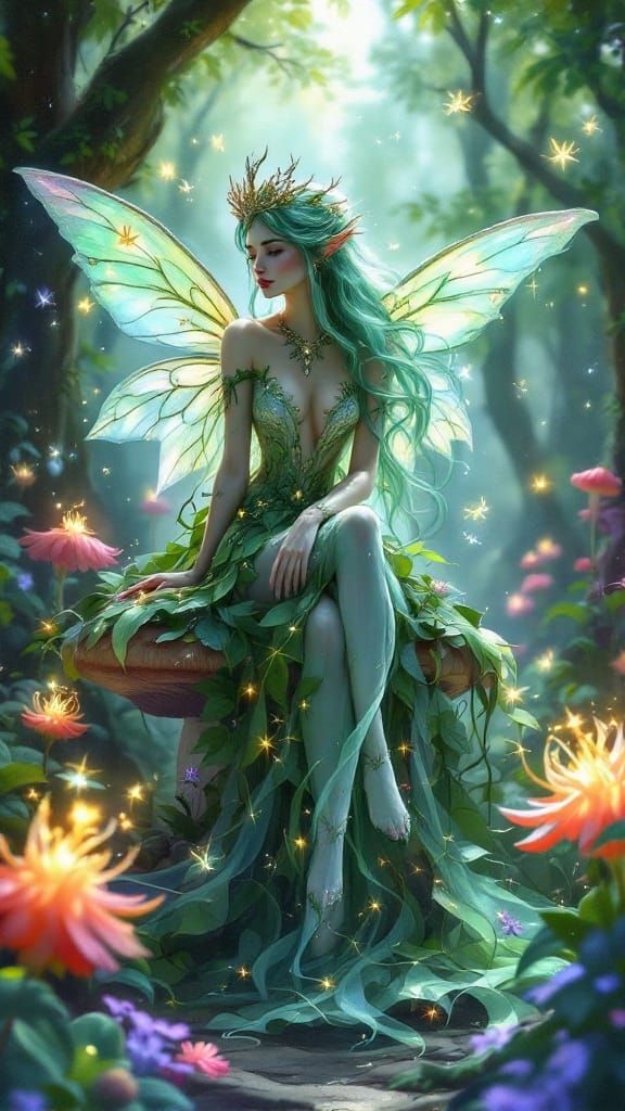 Enchanted Fairy Queen on Mushroom Throne in Fantasy Art