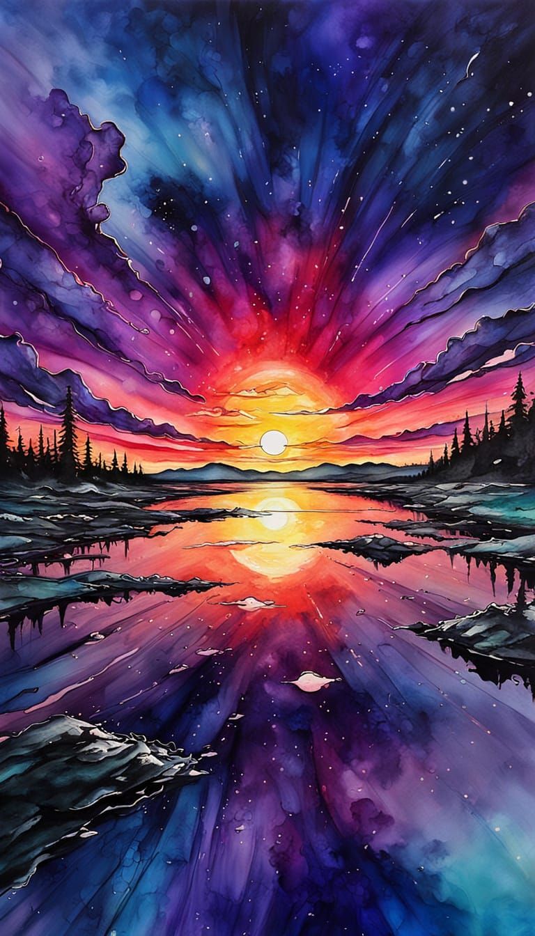 Alcohol Ink Sunset Painting: Otherworldly Beauty