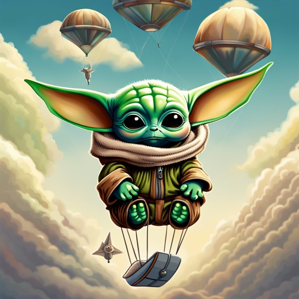 Baby Yoda Parachuting in a Hyperdetailed Sky
