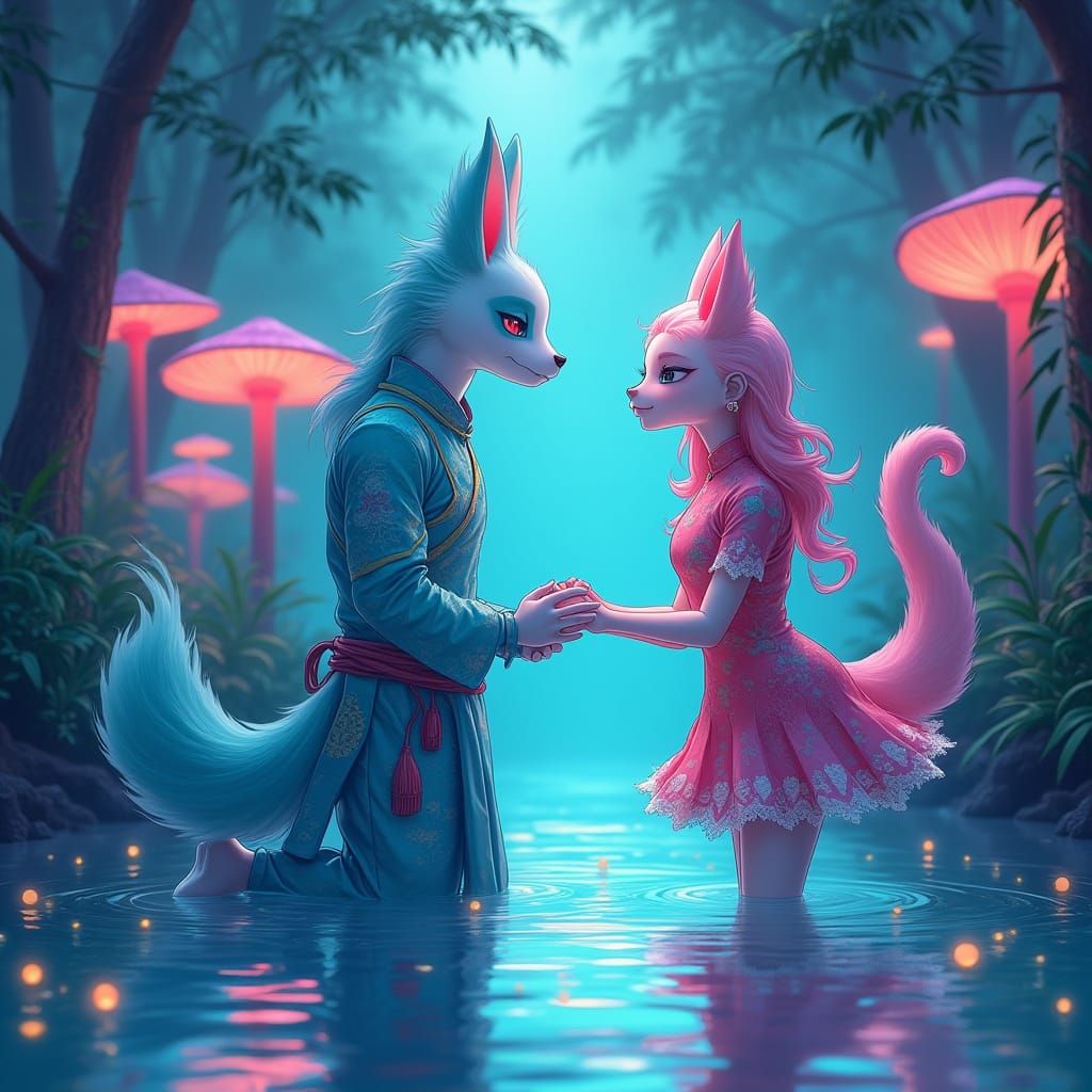 Kitsune and Bakeneko in a Whimsical Cyber Rainforest Proposa...