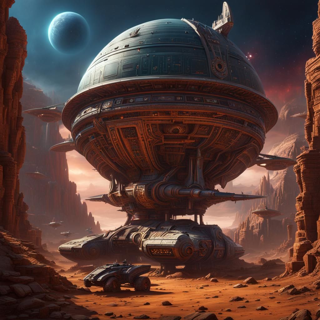 Old Spaceship on Alien Planet with Ruins