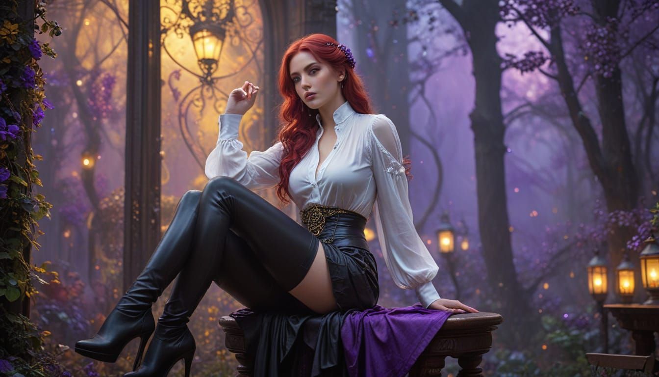 A woman with very long red hair is wearing a white latex but...