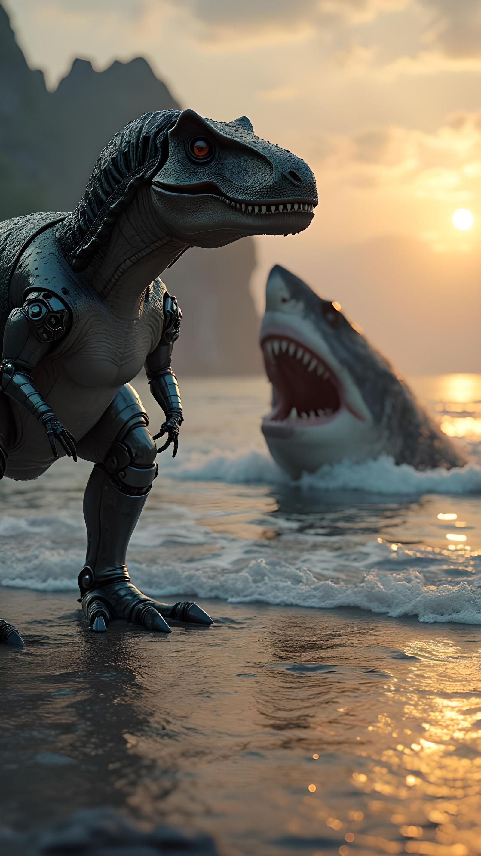 Tyrannosaurus Rex and Shark at Sunset: Sci-Fi Rendering