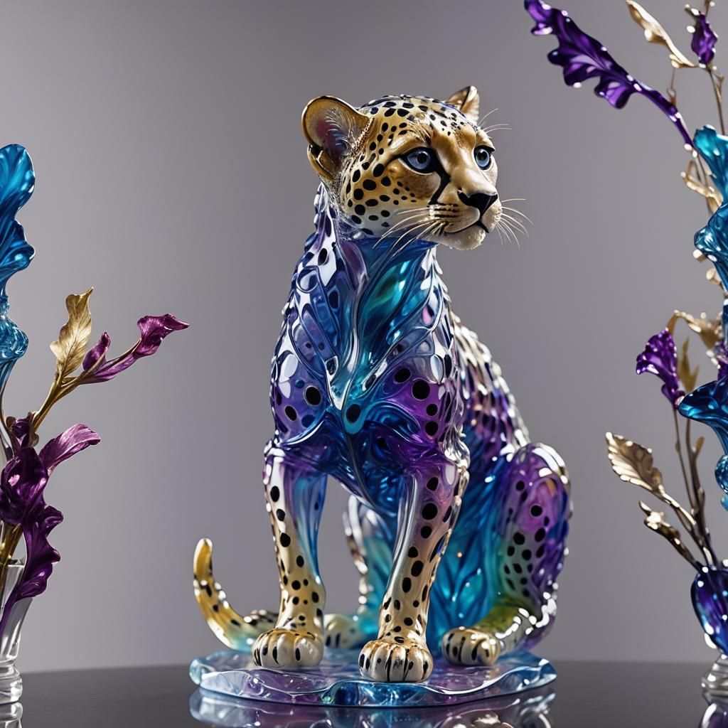 Surreal Glass Cheetah Cub on Velvet Pedestal