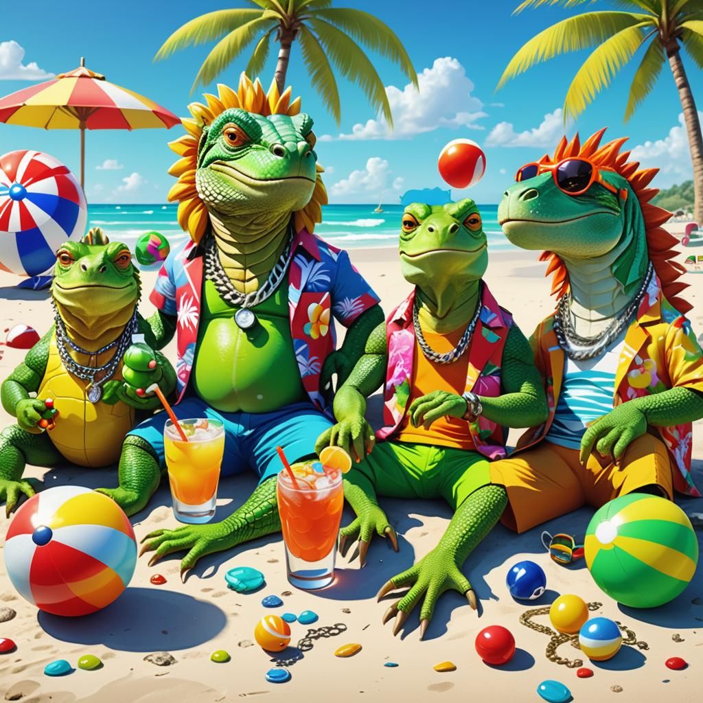 Anthropomorphic Animals Relaxing on Tropical Beach: 3D Digit...