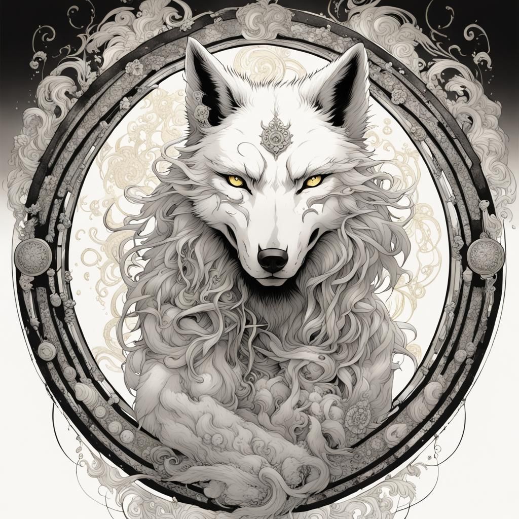 Anime Wolf with Gothic Abstract Symbols