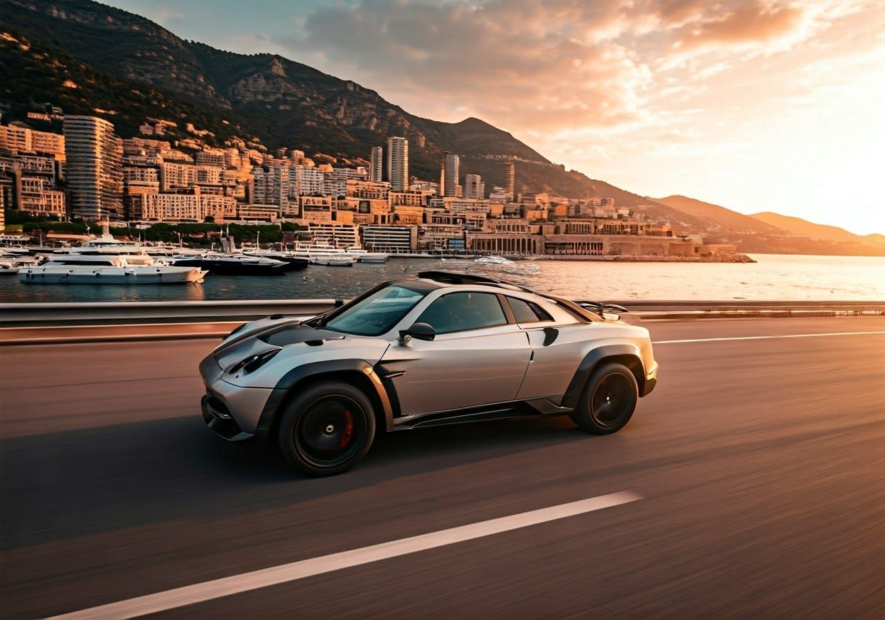Sleek Off-Road Pagani Speeds Along Monaco Coastline in Golde...