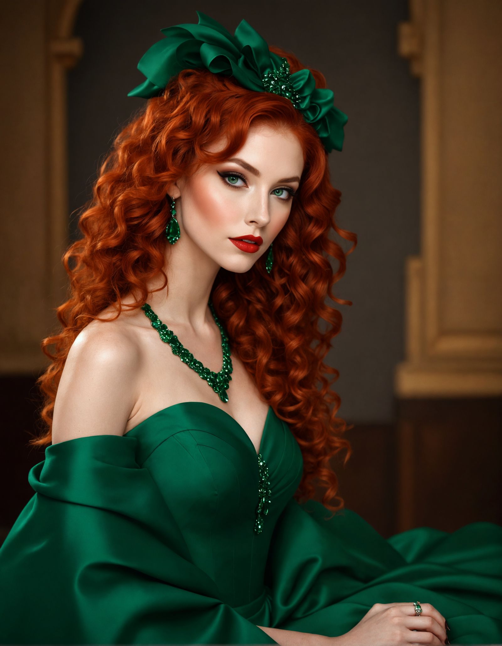 Elegant Woman with Red Hair in Flowing Gown