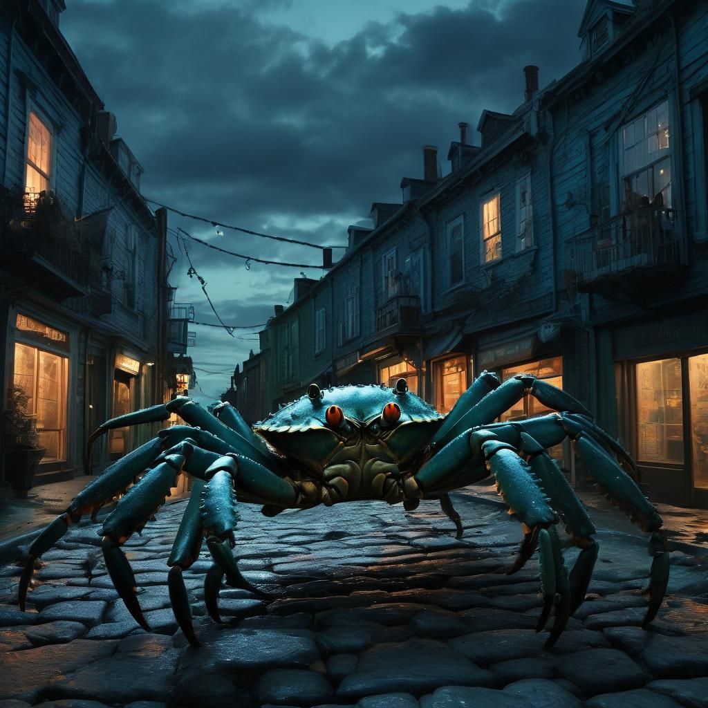 Giant Crabs Attack: Tim Burton-Inspired Coastal City