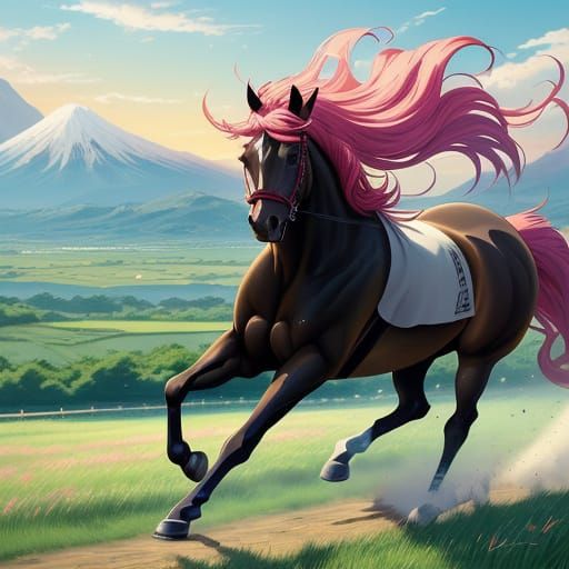 Anime Horse Galloping Through Green Field