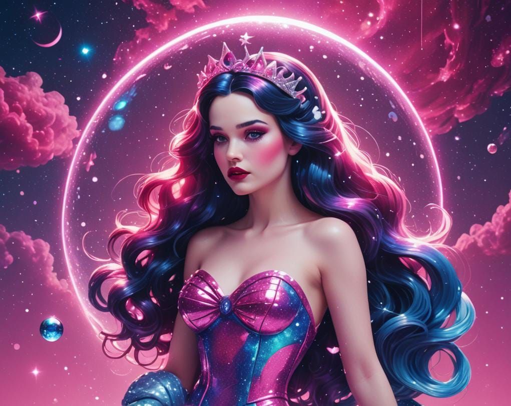 Snow White Space Mermaid in Synthwave Neon Style