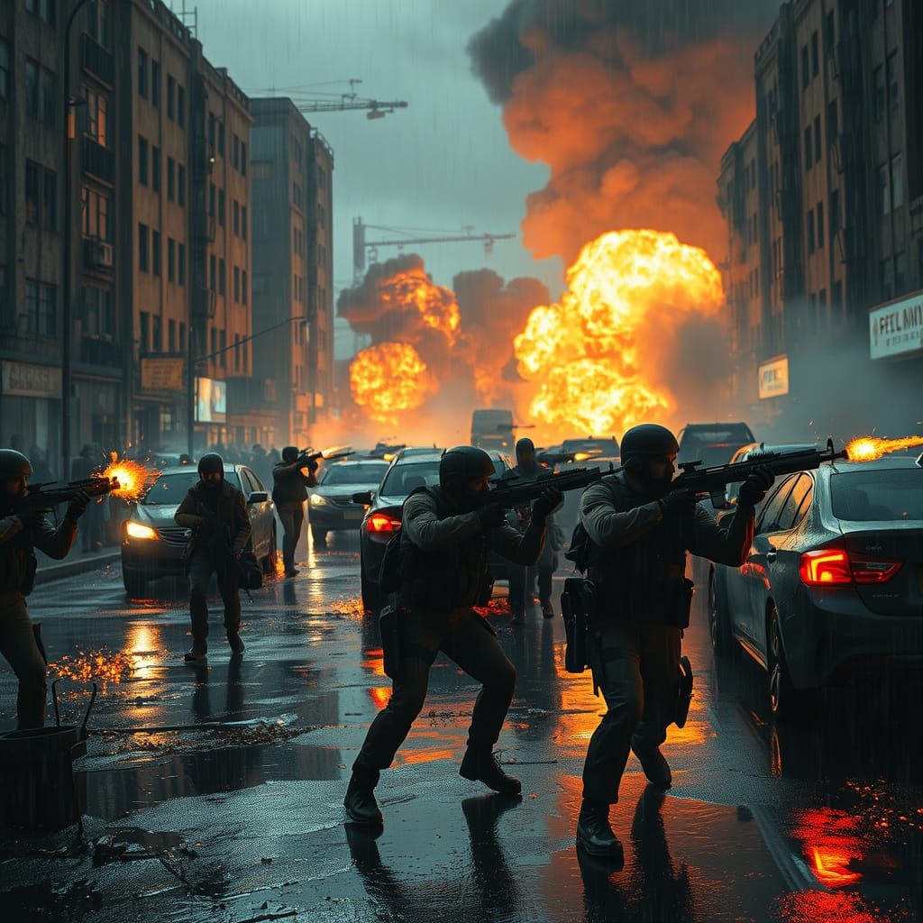 Intense Urban Battle at Night in Cyberpunk Style