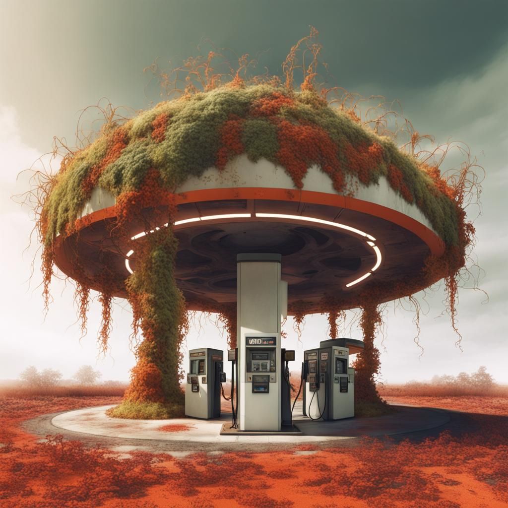 Martian Gas Station with Mandala in Macabre Style