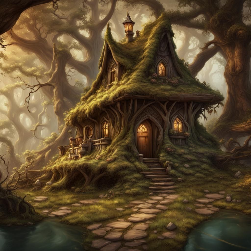 Woodland Elf Home in Sepia-Toned Vintage Style