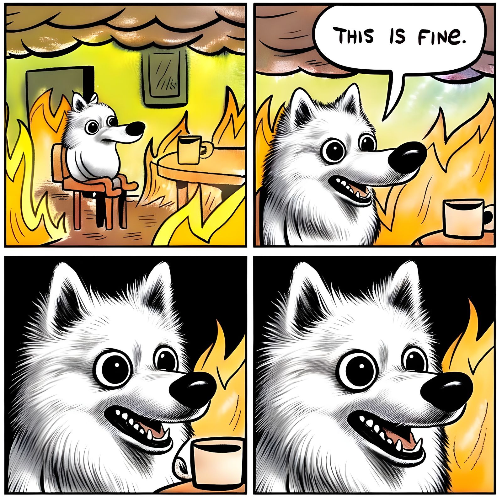 Dramatic Comic Strip of a Calm Dog Amidst Fiery Chaos
