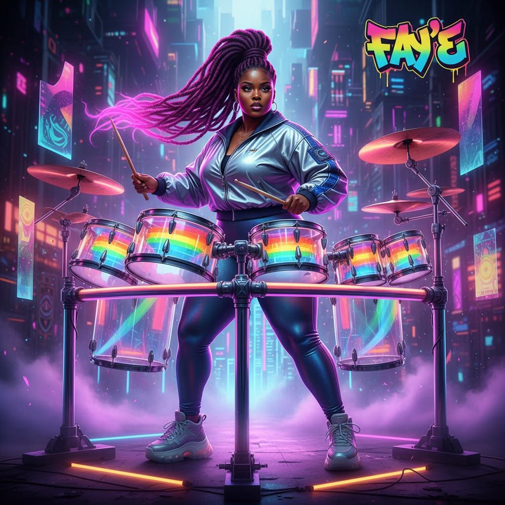 Afrofuturist Woman with Glowing Dreadlocks and Neon Drums