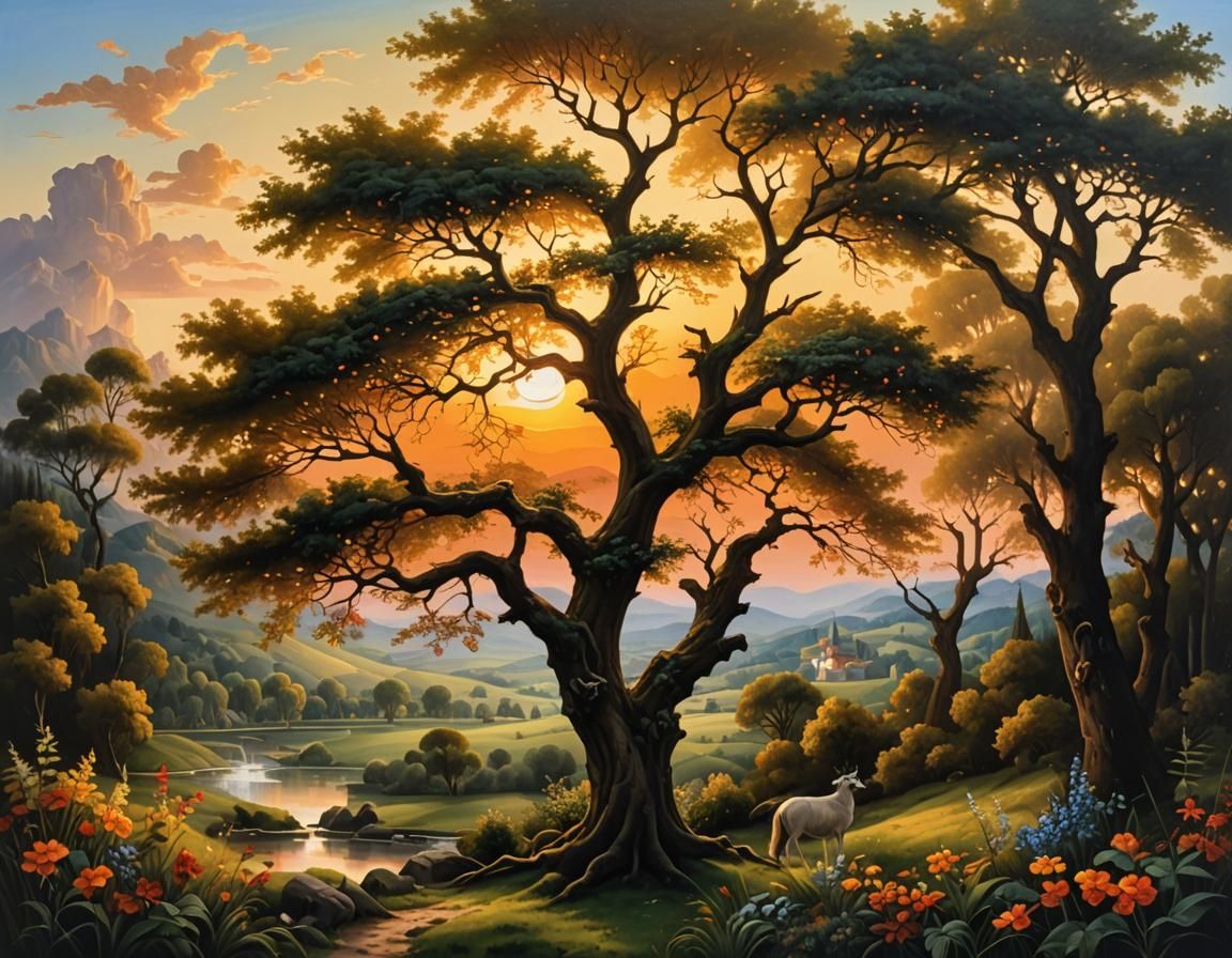 Renaissance Oil Painting: Golden Hour Landscape