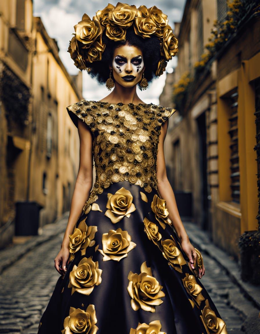 Gothic Vogue Model in Golden Rose Dress