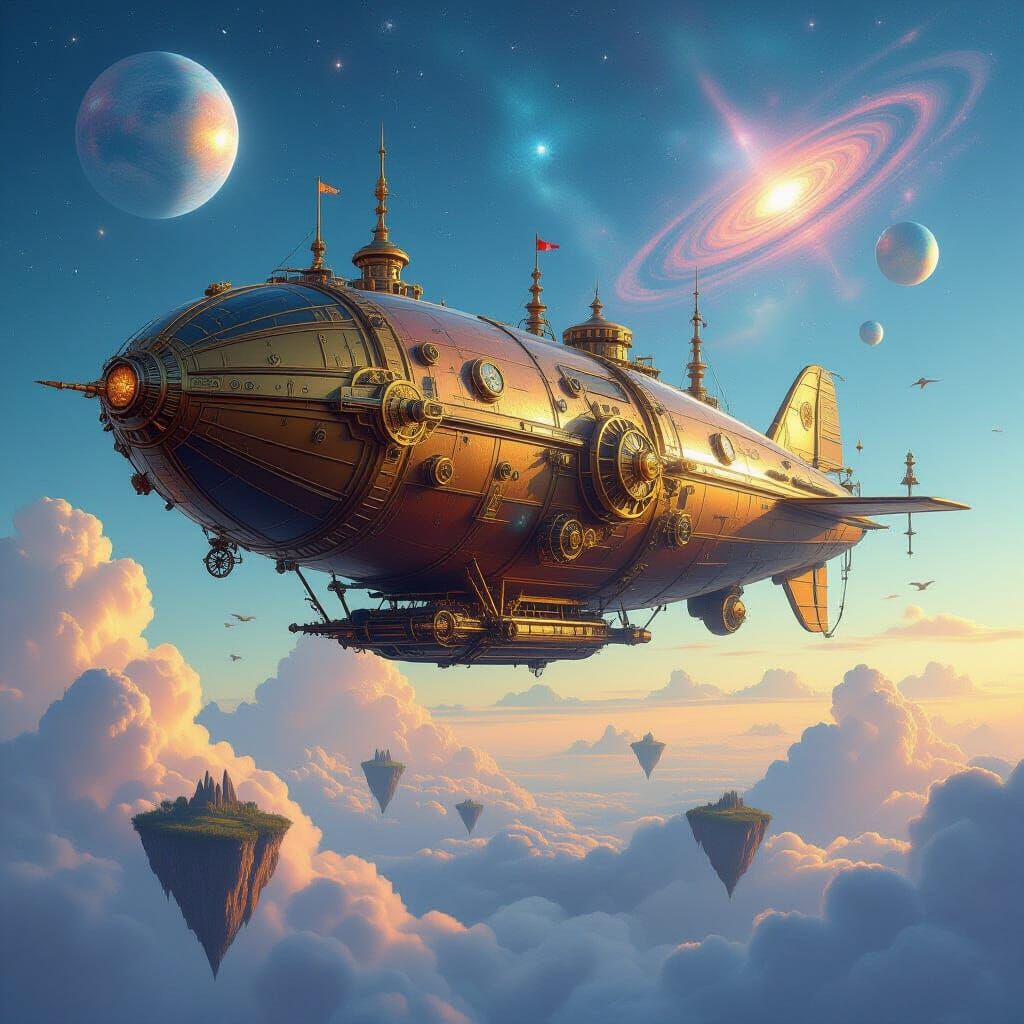 Steampunk Airship Amidst Cosmic Fantasy Landscape