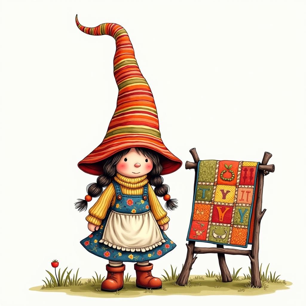 Whimsical Gnome in Striped Hat with Quilt, Pen and Ink