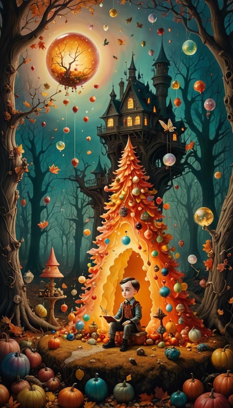 surreal autumn  Halloween child's drawing of a dreamer  , ra...