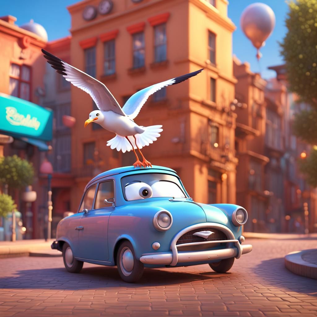 Seagull Driving a Car in Pixar Style