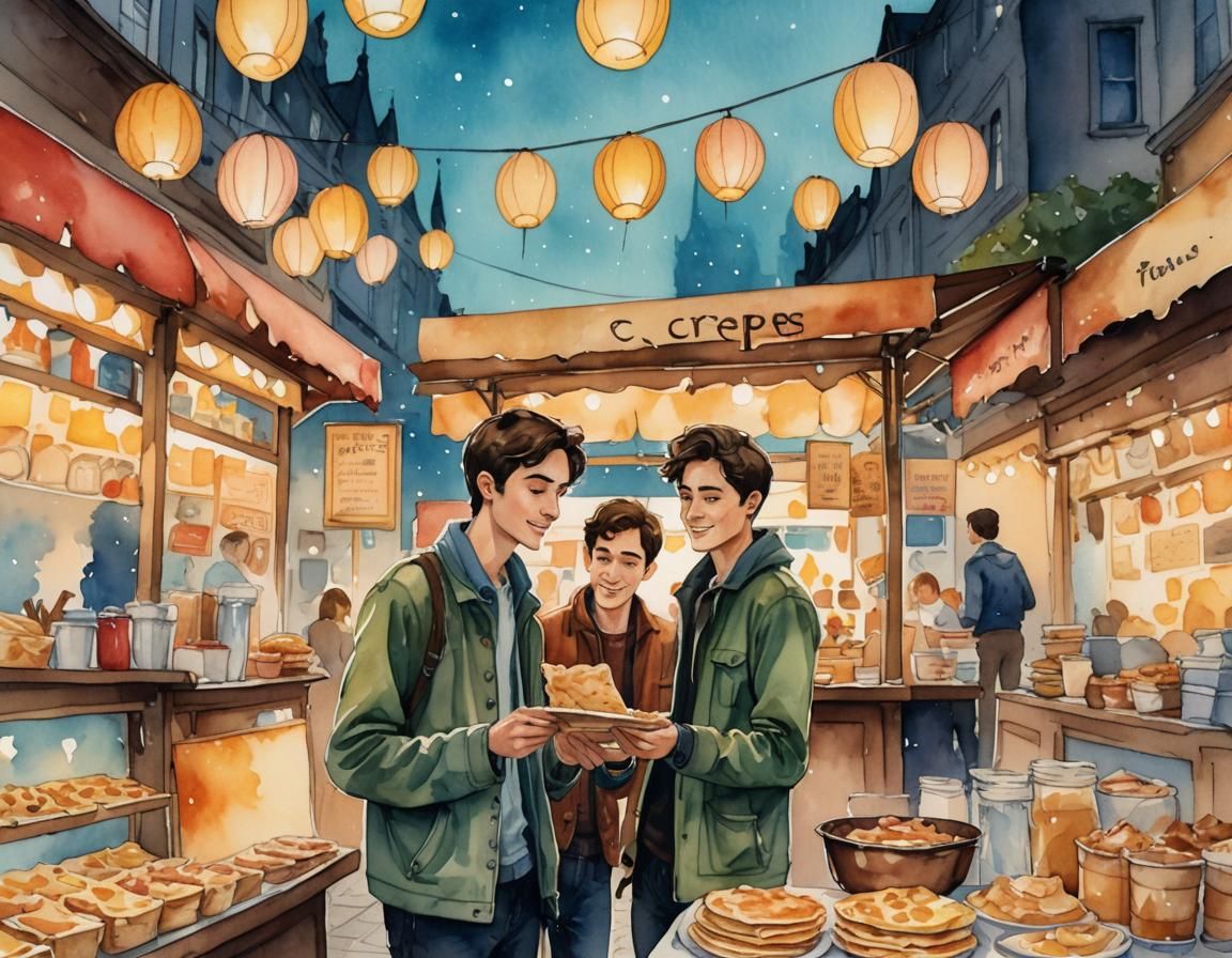 Whimsical Watercolor Illustration of Crepes at Night Market