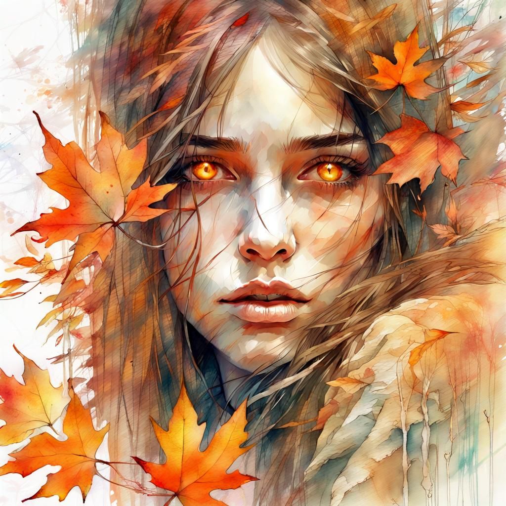 Beautiful Woman with Glowing Eyes, Digital Watercolor