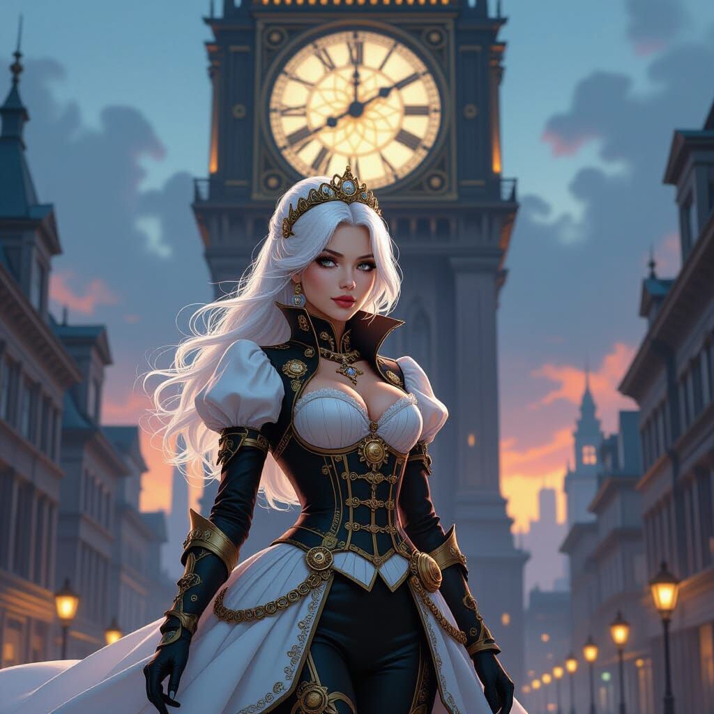 Steampunk Princess Under Clock Tower in Matte Painting Style