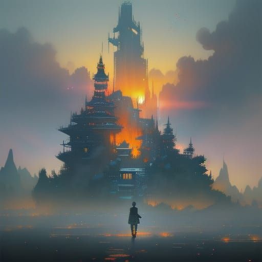 Confident Gojo in Deep Blues and Oranges