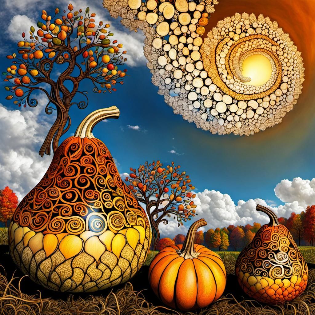Zentangle Gourds in Autumn Landscape with Fractal Clouds
