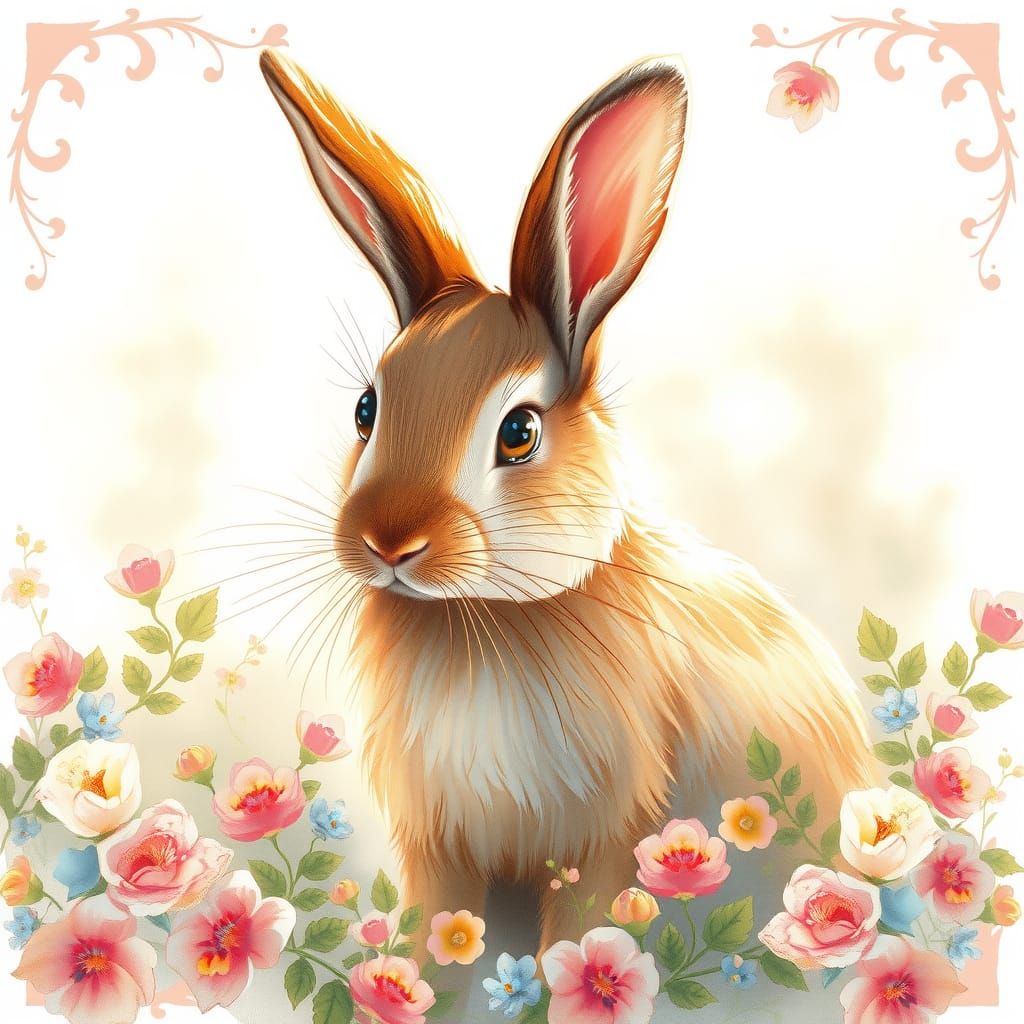 Rabbit in Floral Border, Watercolor Illustration