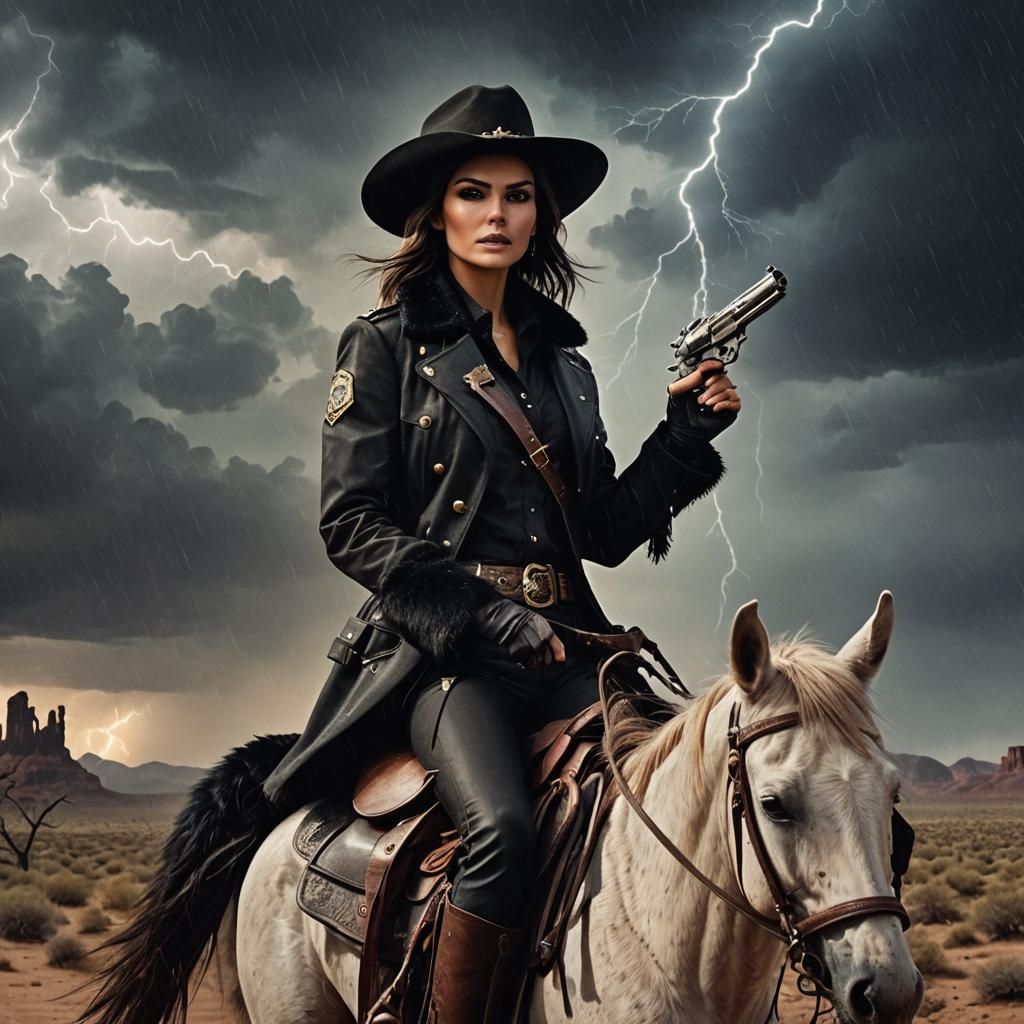 Cowgirl Sheriff on Horseback in Desert Storm