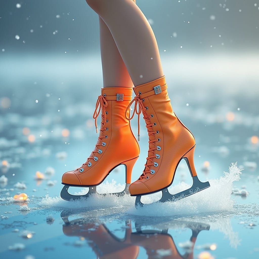 Woman's Feet in Vibrant Orange Ice Skates, Set Against a Moo...