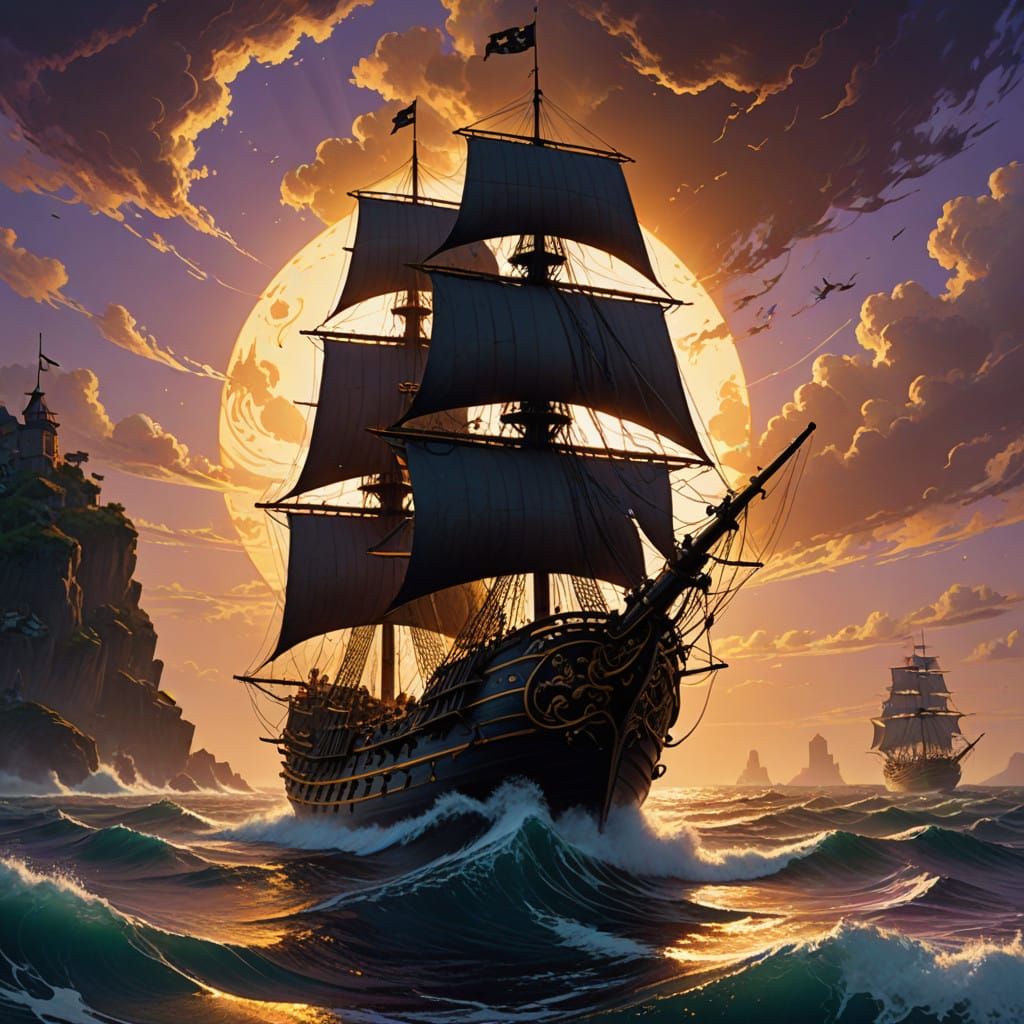 Pirate Ship Sails to the New World in Vibrant, Golden Light