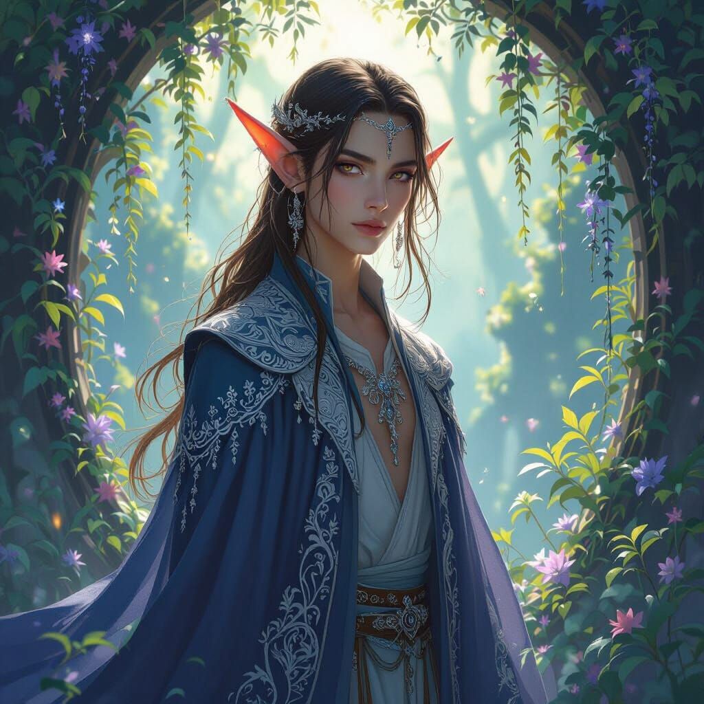 Elegant Elf in Flowing Robes Amidst Bioluminescent Flora