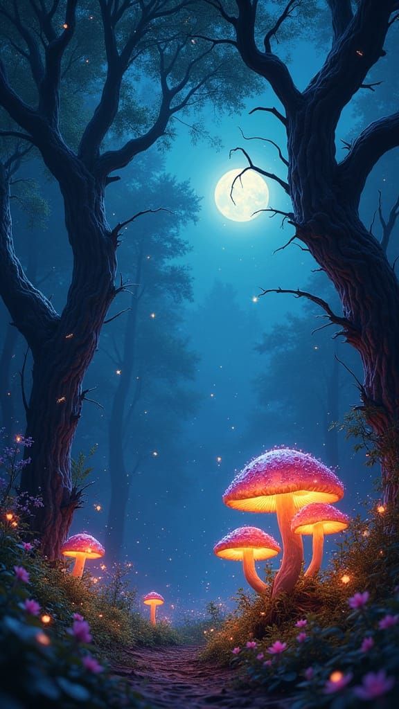 Surreal Psytrance Forest Under Glowing Mushrooms