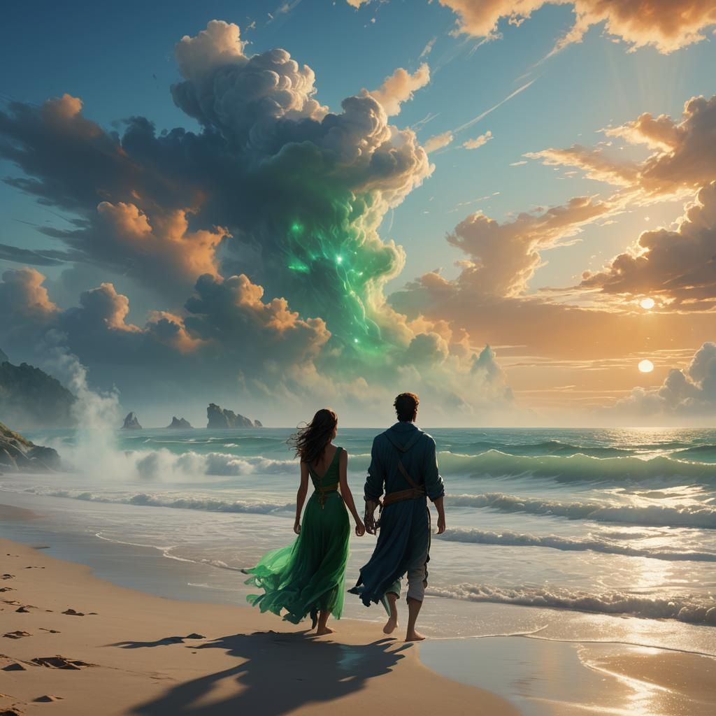 Fantasy Beach Scene with Bioluminescent Mist